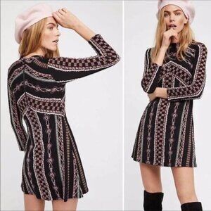 Free People Stella Black Geometric Mock Neck Mini Dress Retro